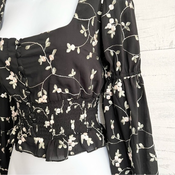 ACOA Black Square Neck Low Cut Floral Embroidered Blouse - Picture 2 of 11